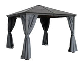 Grey metal gazebo with canopy roof and tie-back curtains, side angle view