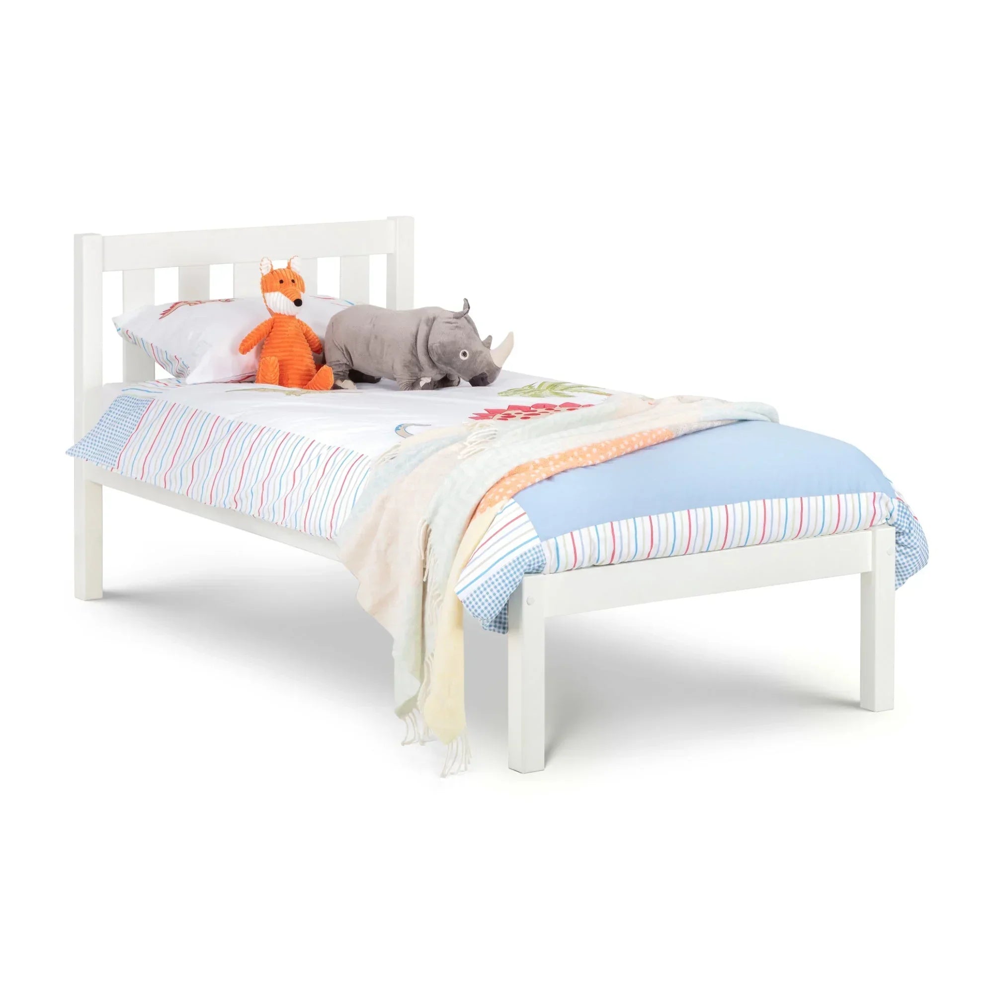 Luna 90cm single bed in surf white with striped bedding and soft toys