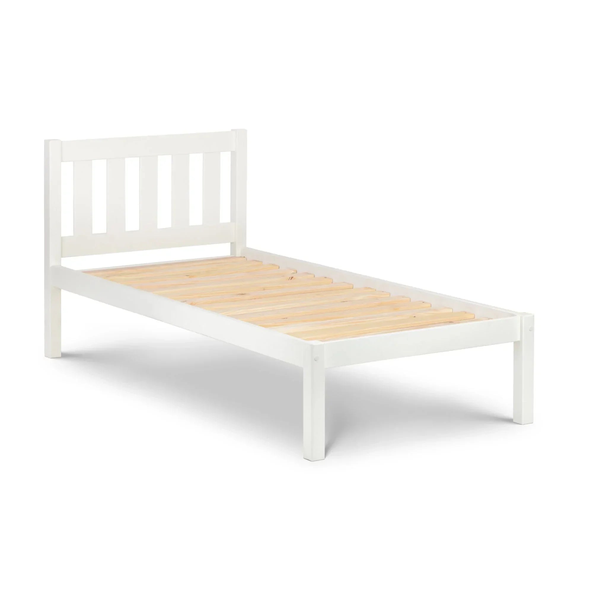 White single bed frame with slatted wooden base and vertical slat headboard, angled view