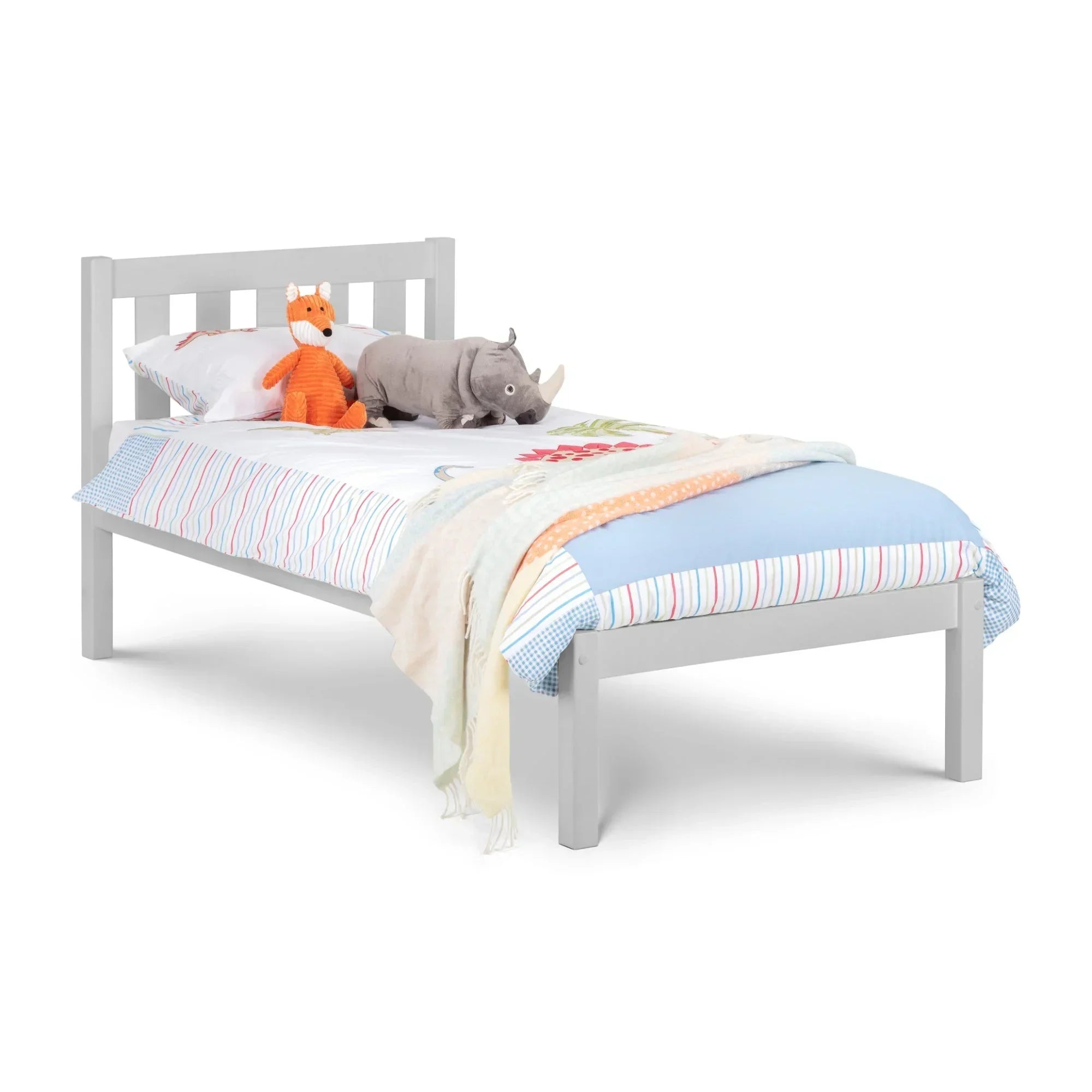 Dove grey single bed with slatted headboard, striped bedding, and soft toys on mattress