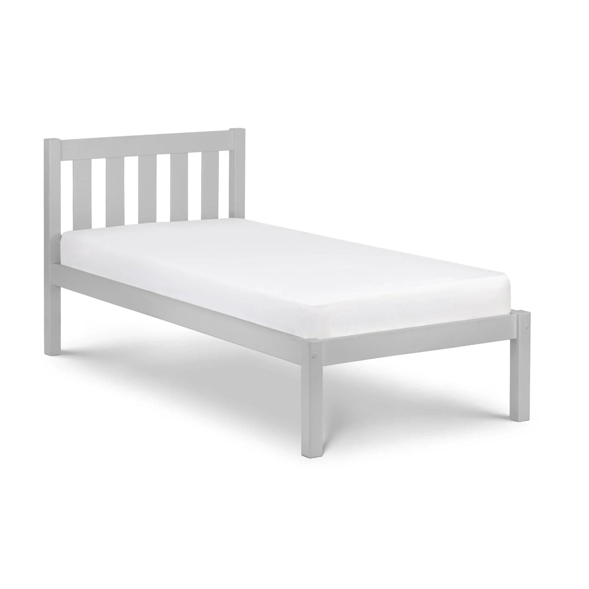 Dove grey single bed frame with slatted headboard and simple wood design, angled view