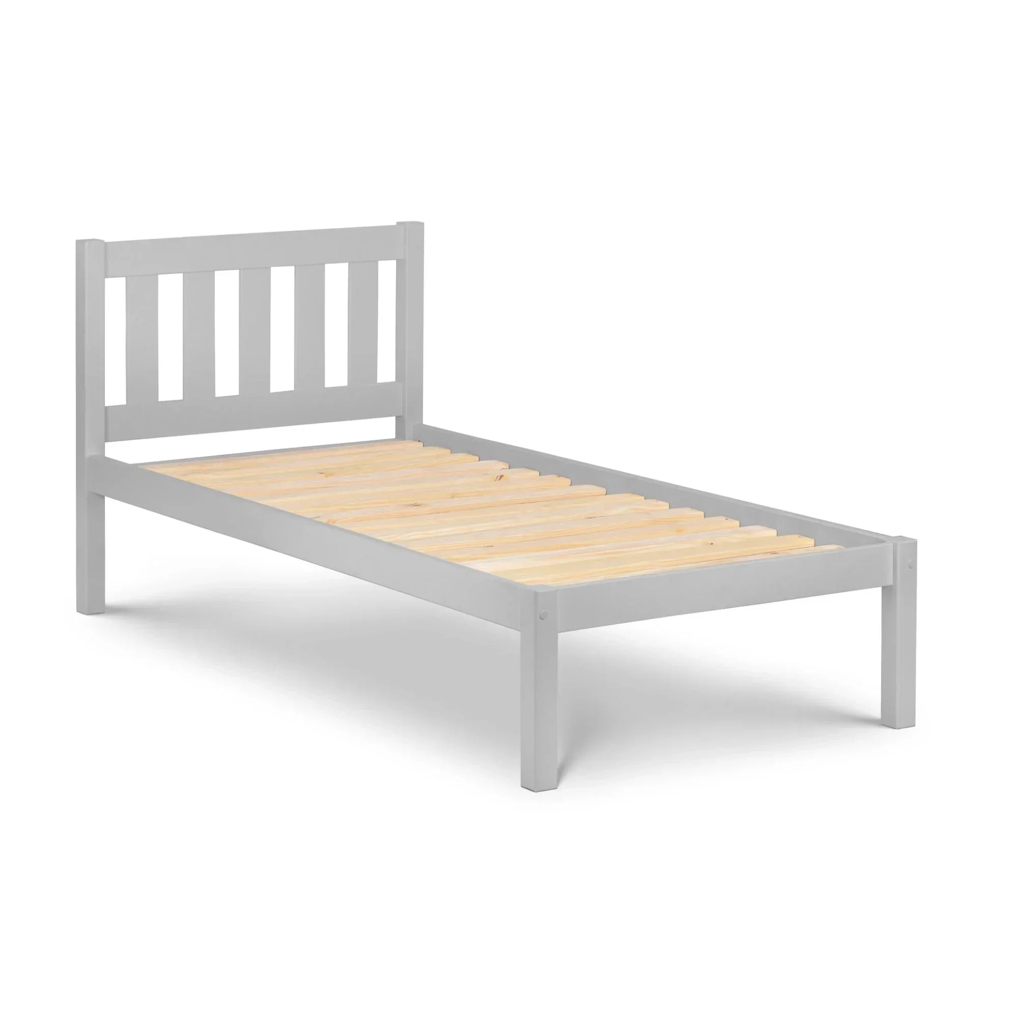 Dove grey single bed frame with wooden slats and slatted headboard, side angle view