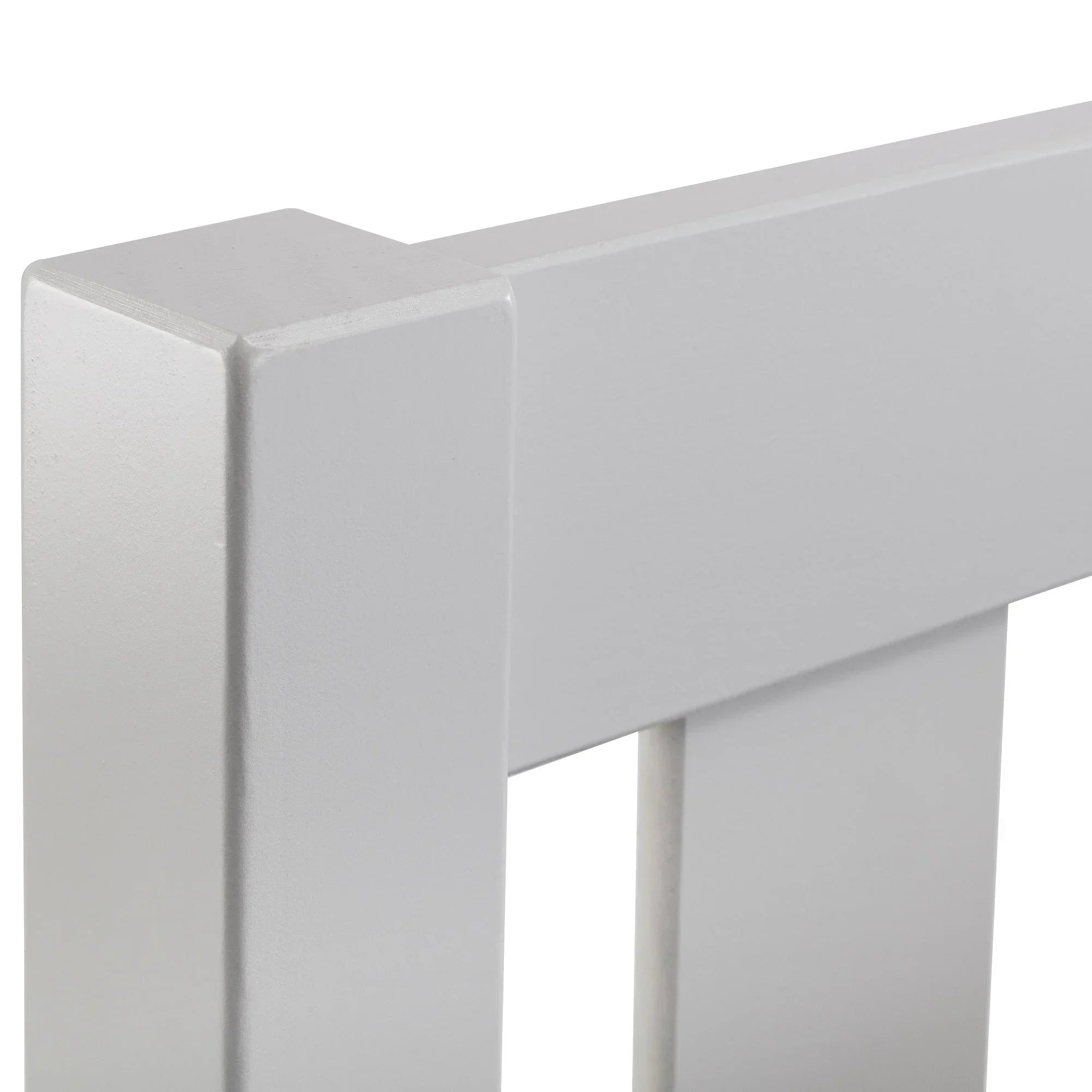Close-up of dove grey single bed headboard with clean lines and smooth wood finish