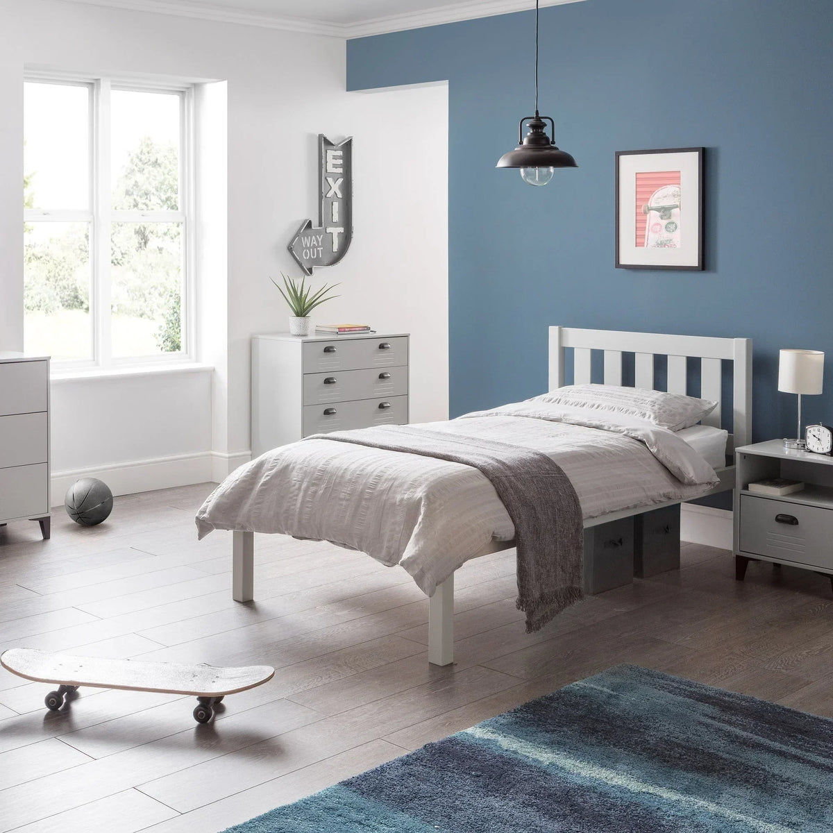 Luna 90cm single bed in dove grey with underbed storage in a modern bedroom setting