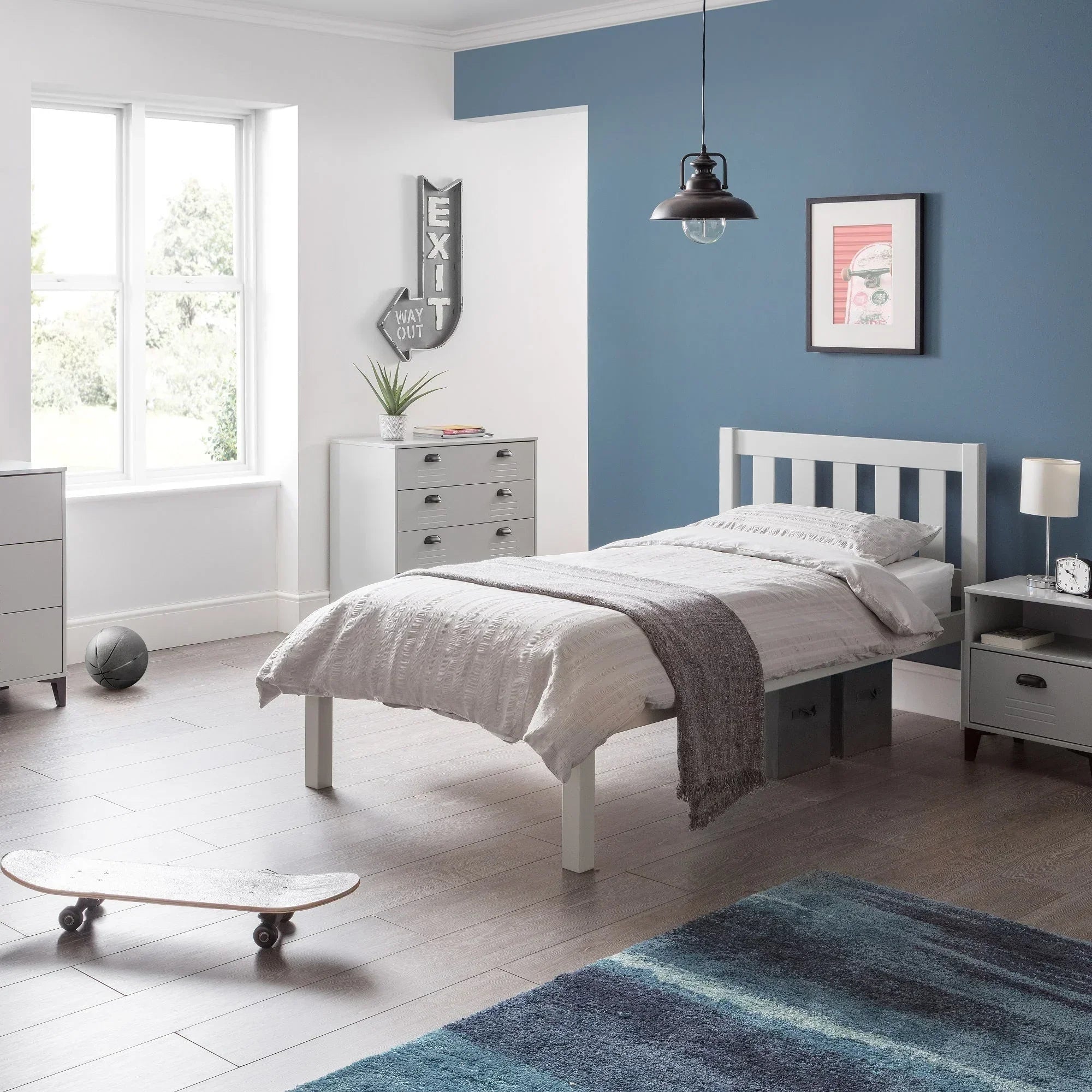 Luna 90cm single bed in dove grey with storage drawers in modern bedroom setting