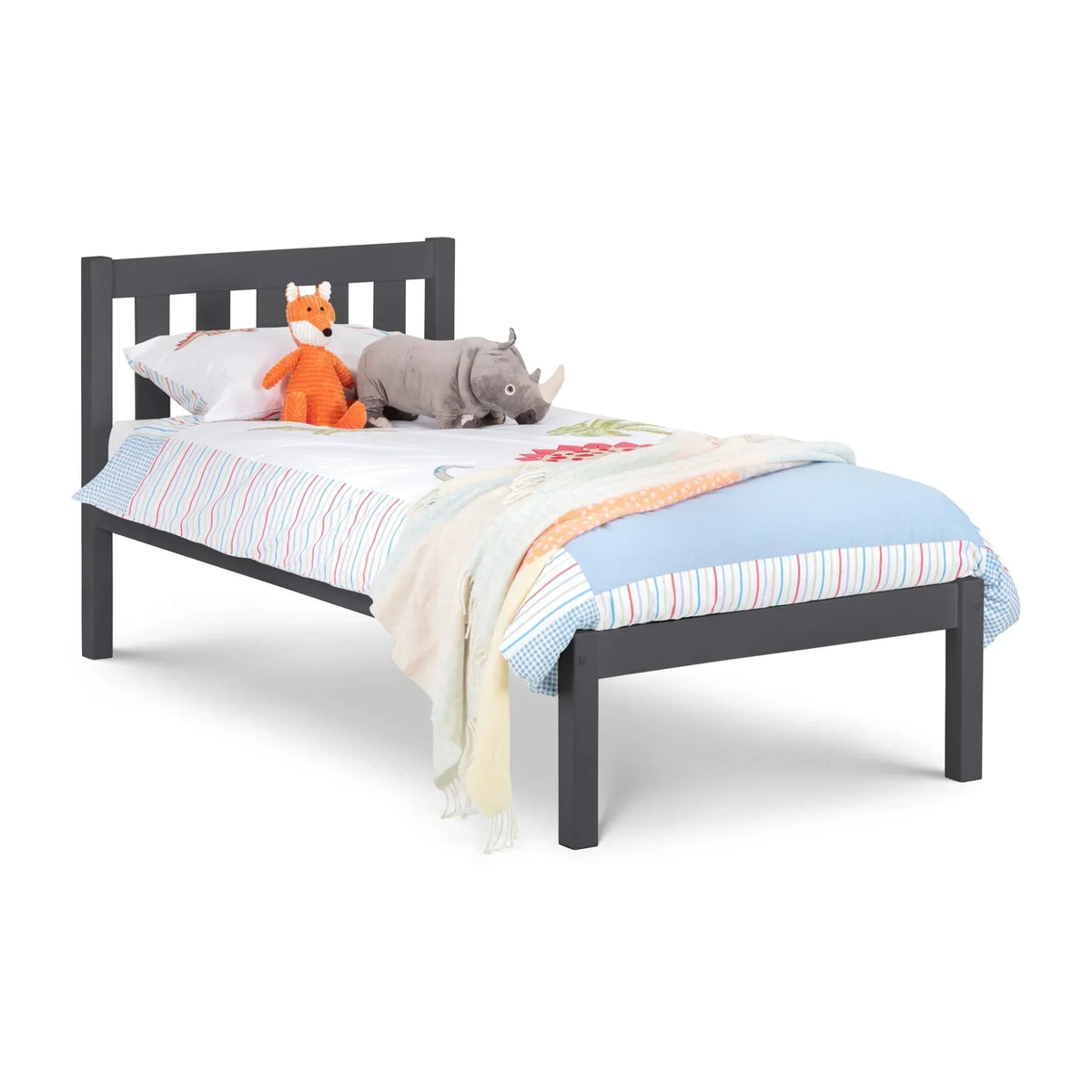 Anthracite single bed with slatted headboard, striped bedding, and plush toys on mattress