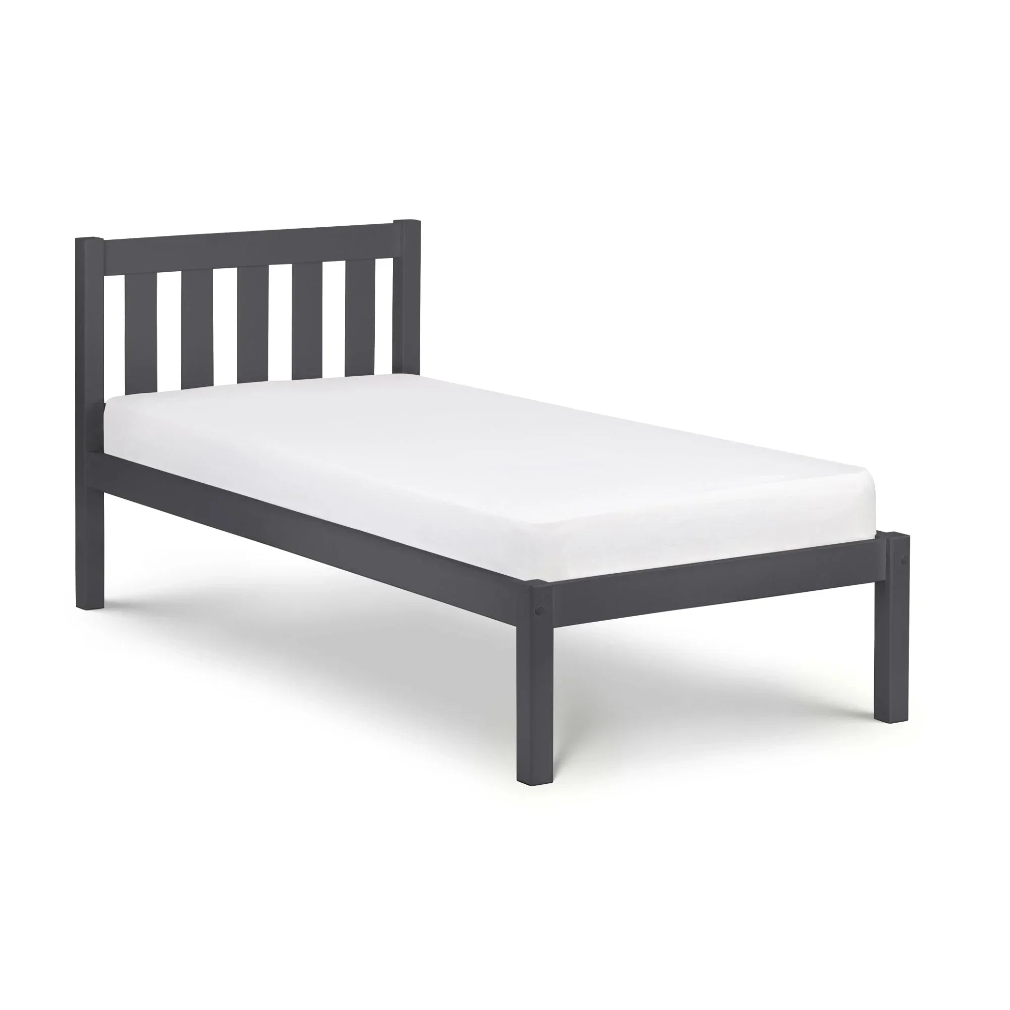 Anthracite single bed frame with slatted headboard and white mattress, side angle view