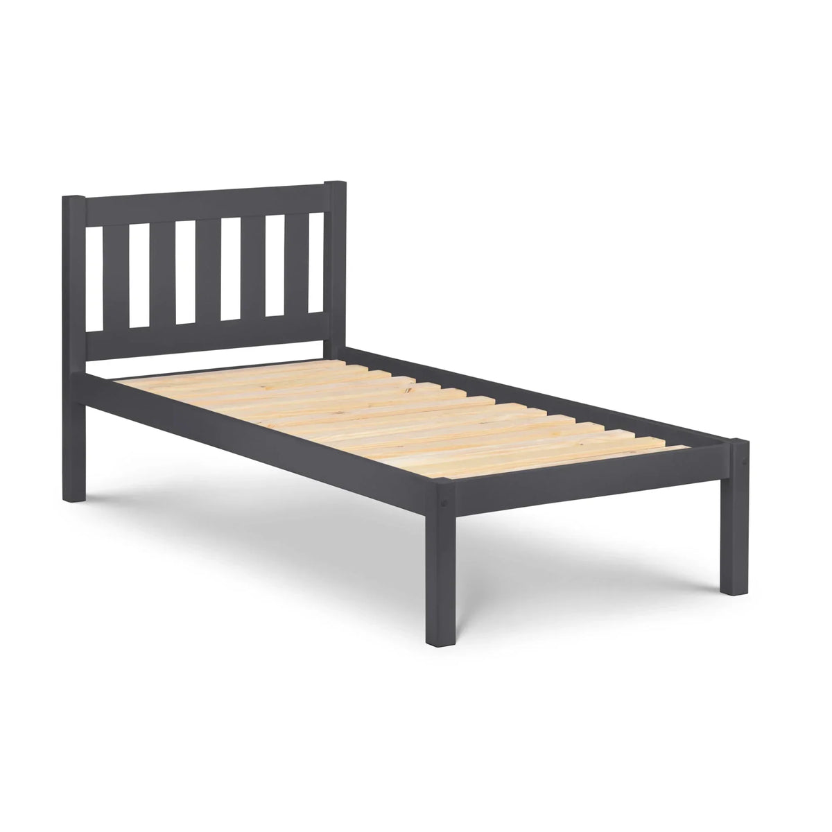Anthracite single bed frame with slatted wooden base and vertical slat headboard