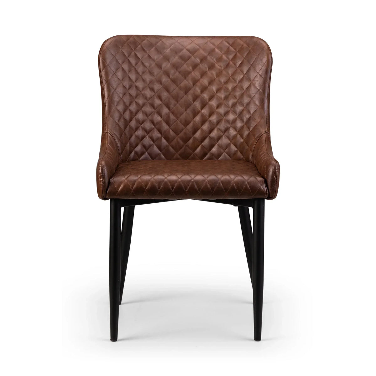 Brown faux leather dining chair with quilted pattern and black legs, front view