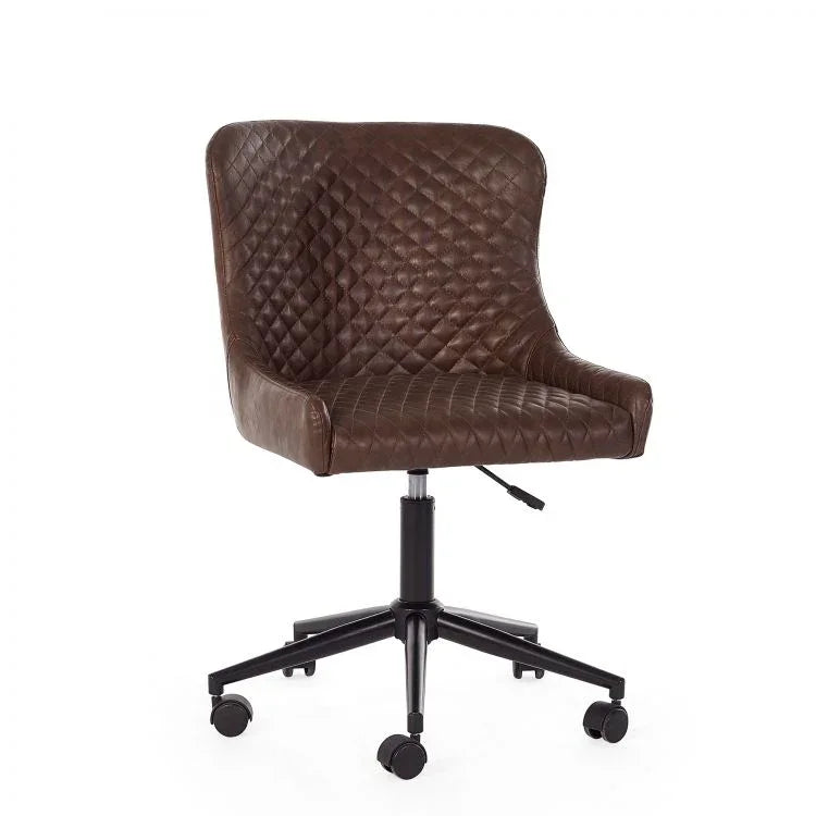 Brown leather office chair with diamond stitching and adjustable height on black wheeled base