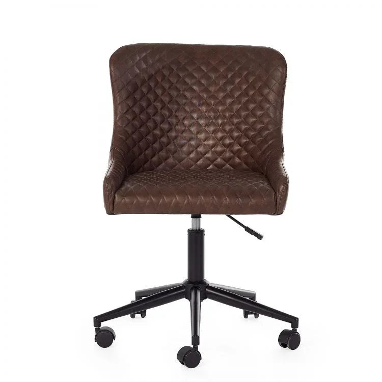 Brown quilted leather office chair with black metal swivel base and caster wheels, front view
