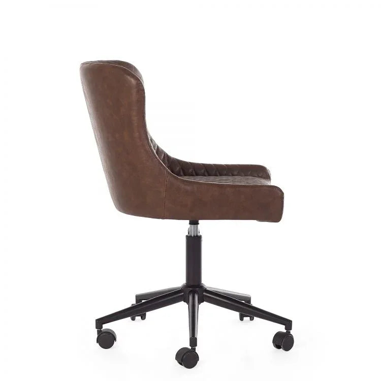 Brown leather office chair with cushioned seat and black wheeled base, side view