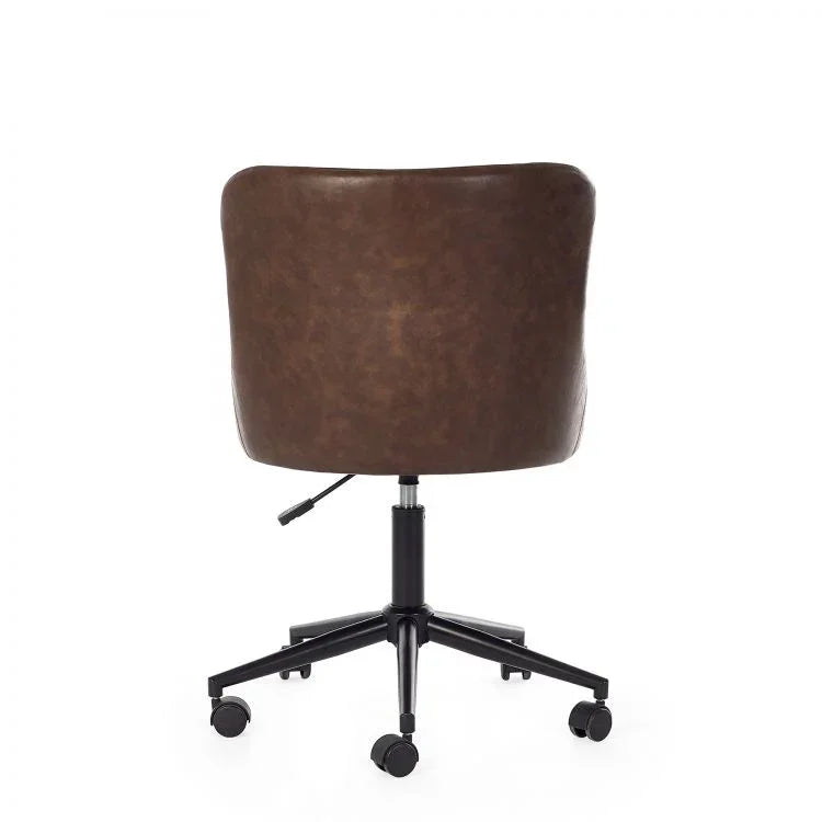 Back view of brown leather office chair with black metal base and caster wheels