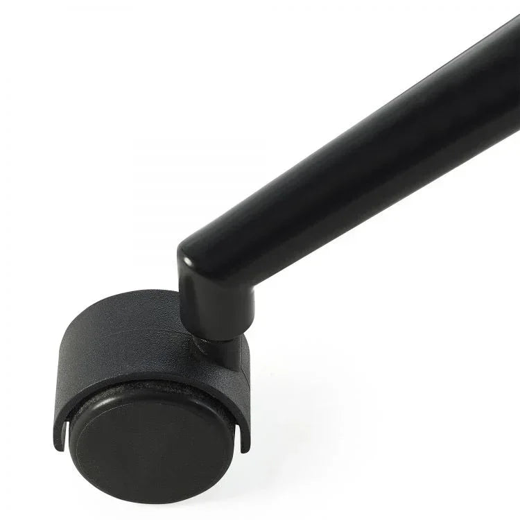 Close-up of black office chair leg with caster wheel on white background