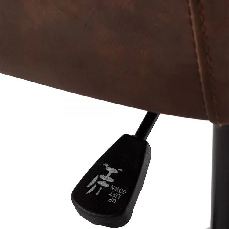 Brown faux leather chair seat with closeup of adjustable lift lever control