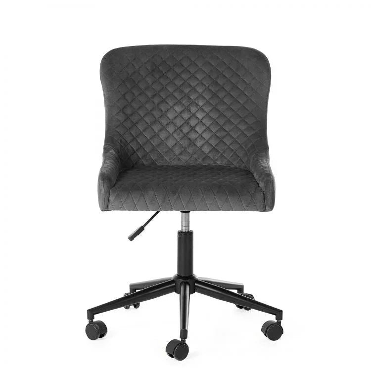 Grey quilted office chair with curved backrest and black swivel base on castor wheels