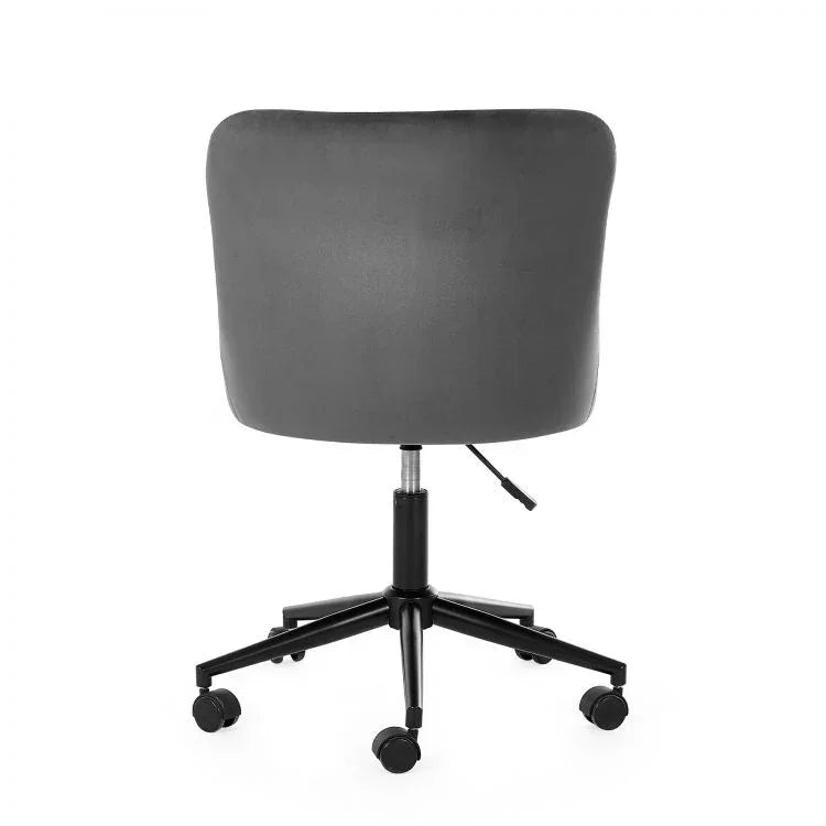 Grey velvet office chair with swivel base and casters, rear view