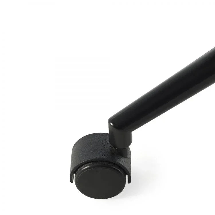 Black office chair caster wheel attached to metal leg, close-up detail