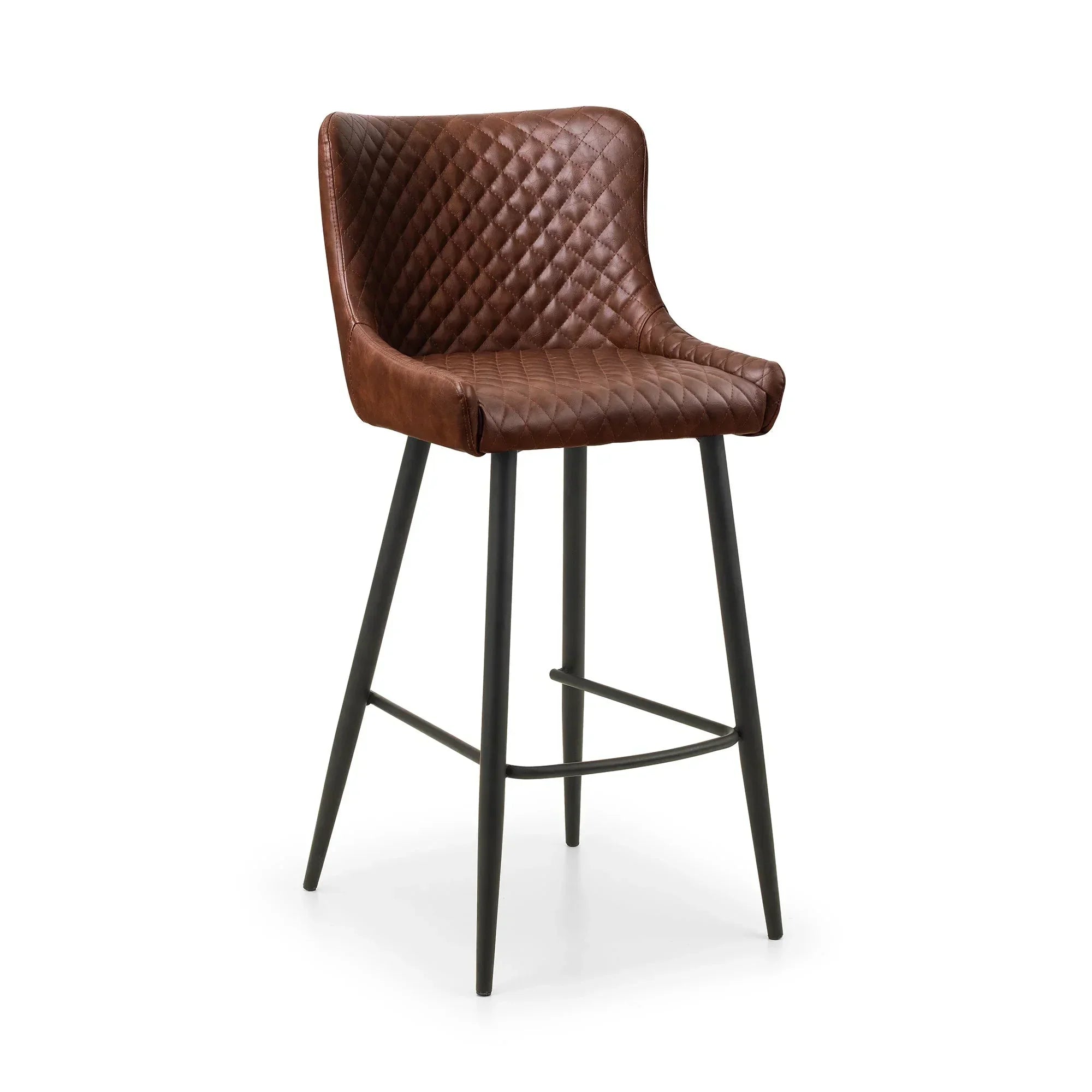 Brown faux leather bar stool with diamond stitching and black metal legs