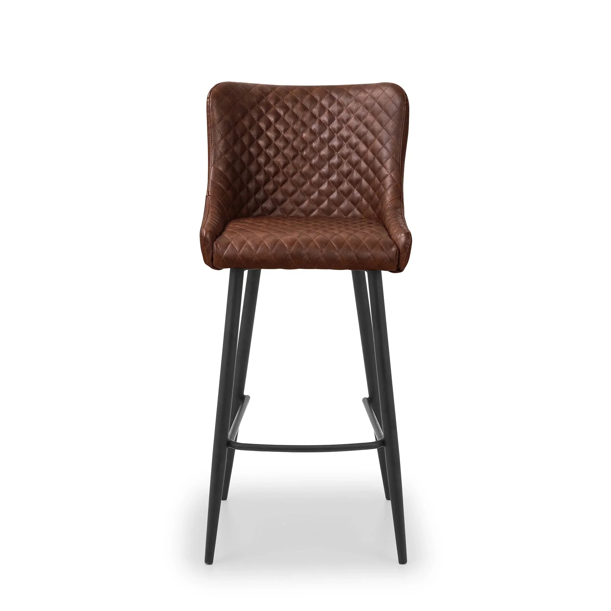 Brown faux leather bar stool with diamond stitching and black metal legs, front view