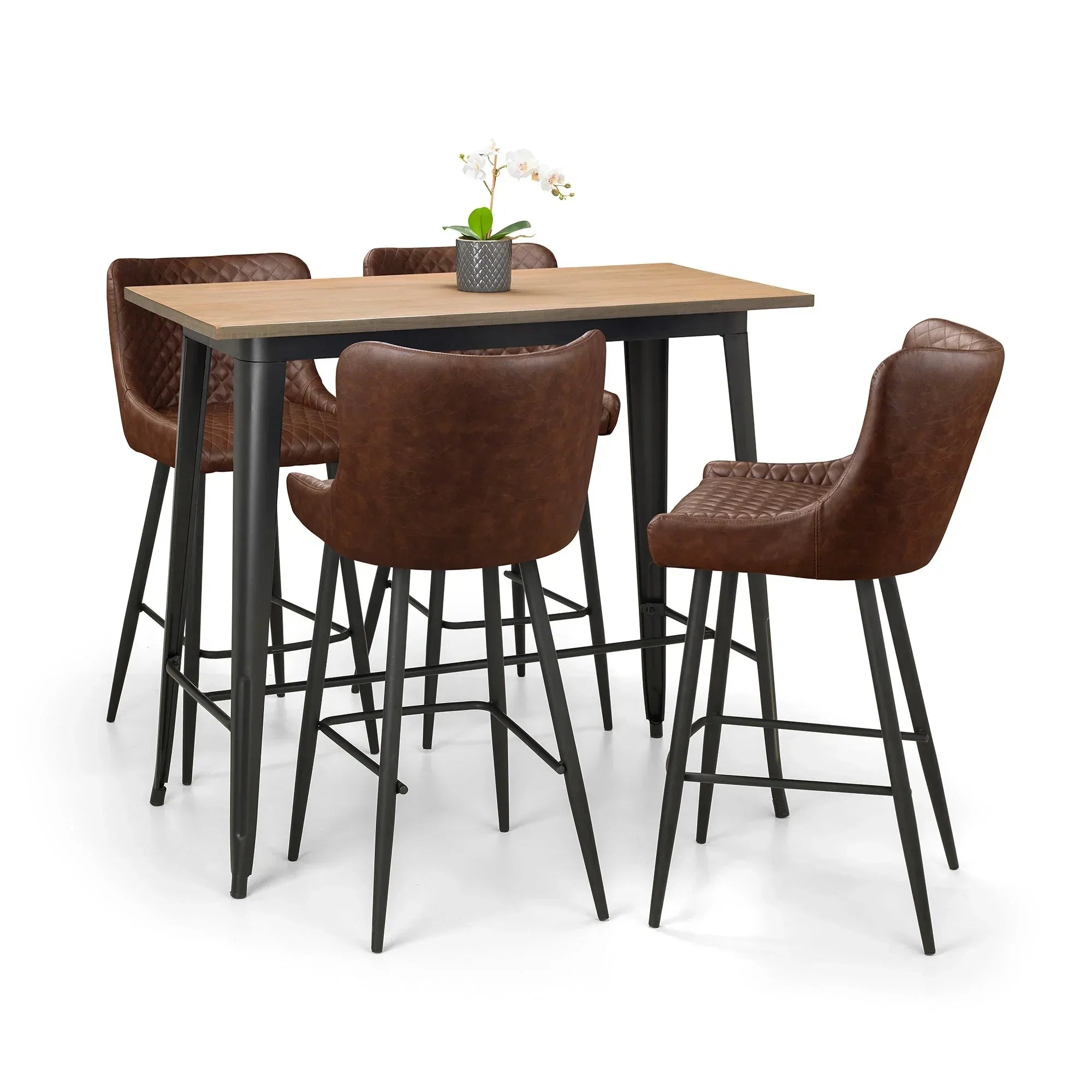Brown faux leather bar stools with black legs and pine effect bar table, orchid centerpiece