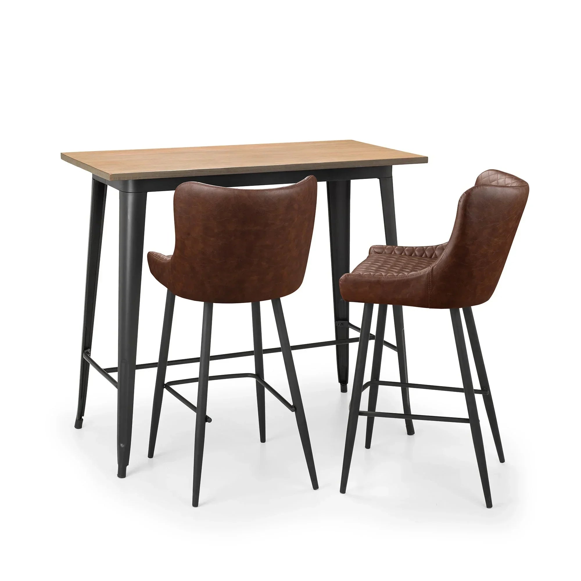 Brown faux leather bar stools with black legs and wooden table on white background