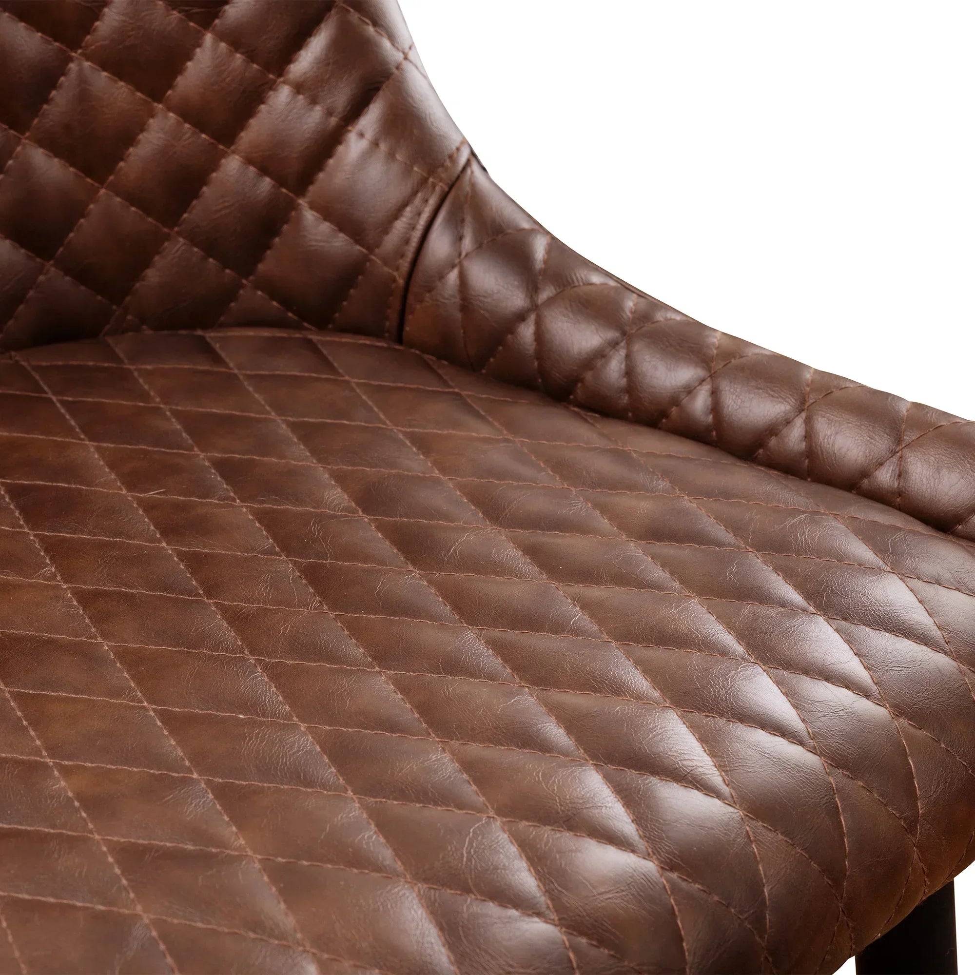 Brown faux leather bar stool with quilted seat and backrest close-up