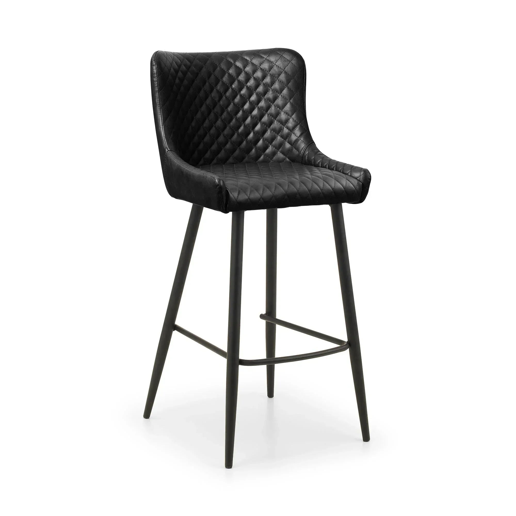 black faux leather bar stool with quilted seat and metal legs on white background