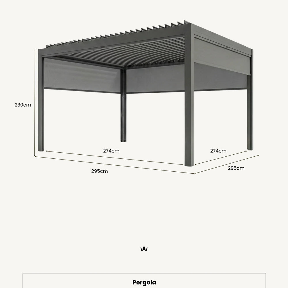 Grey metal pergola with louvered roof and side panels, 295cm x 295cm, 230cm high