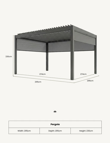 Grey metal pergola with louvered roof and side panels, 295cm x 295cm, 230cm high