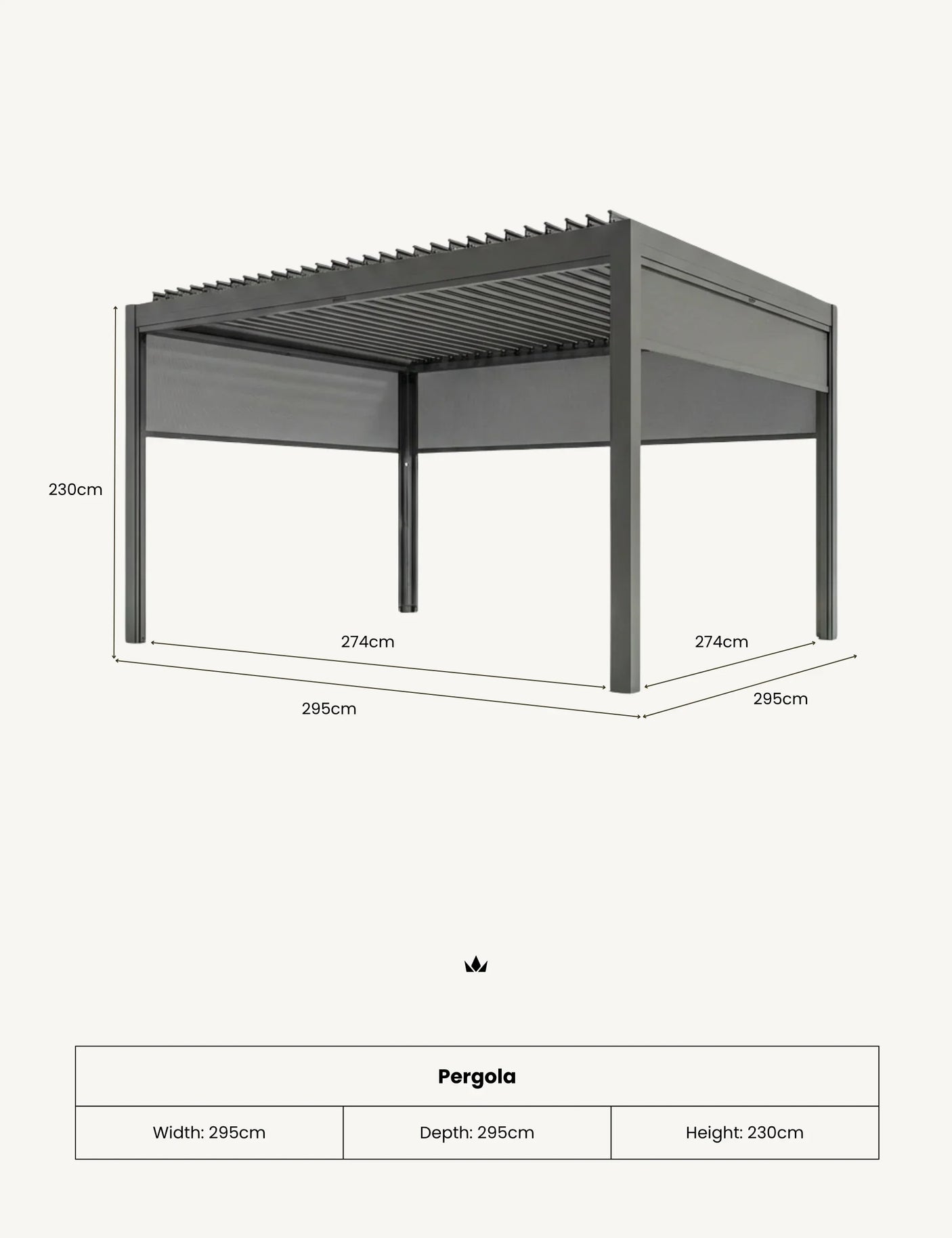 Grey metal pergola with louvered roof and side panels, 295cm x 295cm, 230cm high