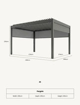 Grey metal pergola with louvered roof and side panels, 295cm x 295cm, 230cm high