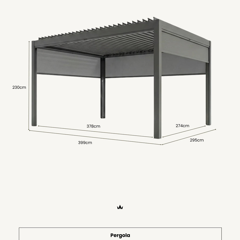 Grey metal pergola with louvered roof, shown with measurements for height, width, and depth