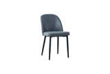 Grey upholstered dining chair with curved backrest and black metal legs on white background