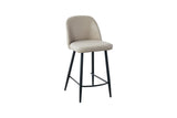 Taupe upholstered counter stool with black metal legs and curved backrest