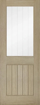 Light grey glazed internal door with vertical panels and clear glass insert