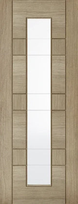 Light grey Edmonton glazed internal door with vertical glass panel and wood grain finish