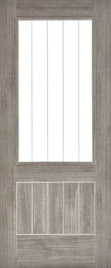 Light grey laminate Mexicano glazed door with vertical glass panels and wood grain finish