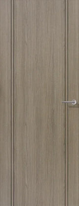 Light grey laminate interior door with vertical wood grain and modern handle