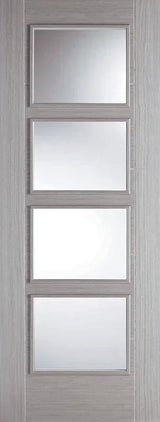 Light grey glazed internal door with four glass panels, modern wood finish