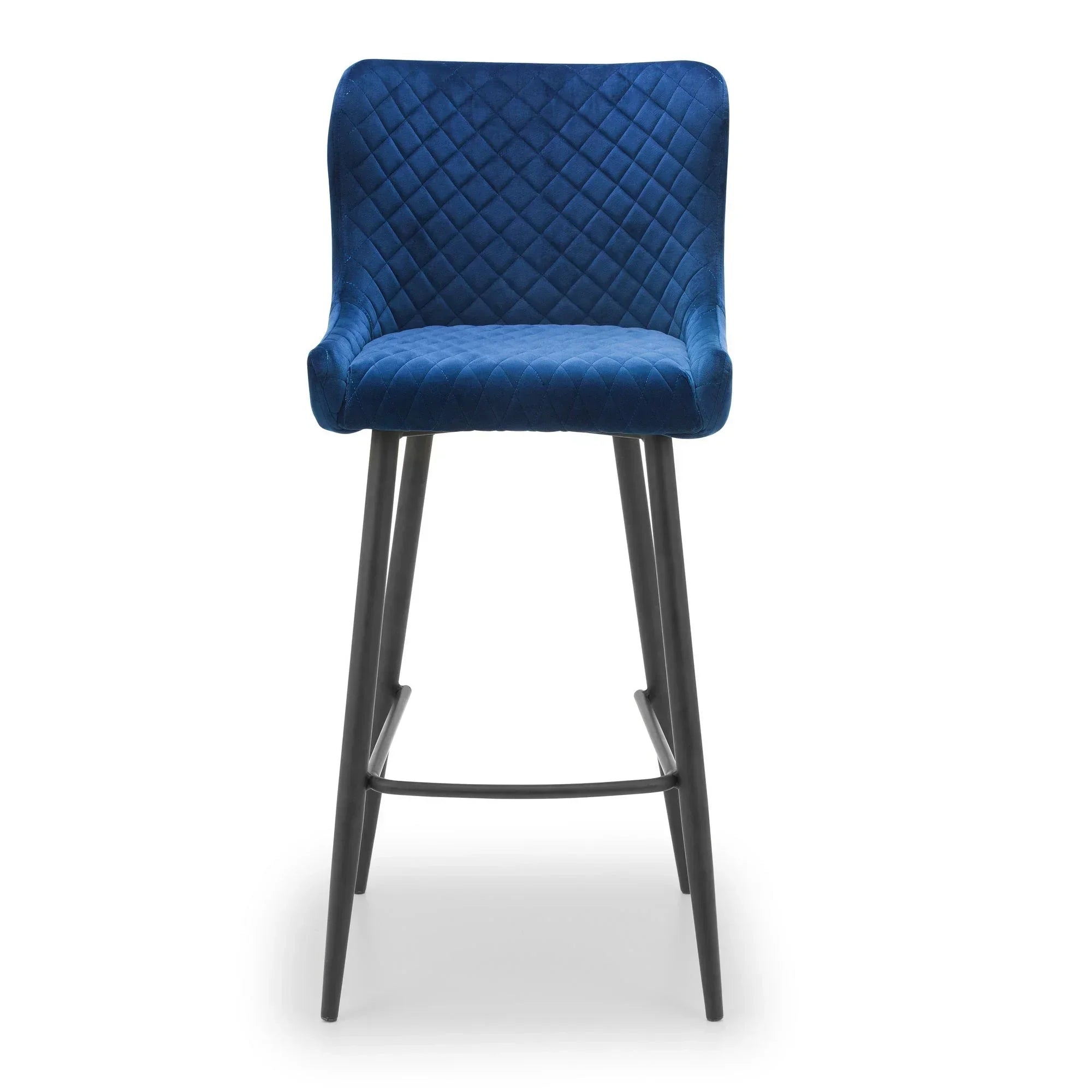 Blue bar stool with quilted velvet upholstery and black metal legs, front view