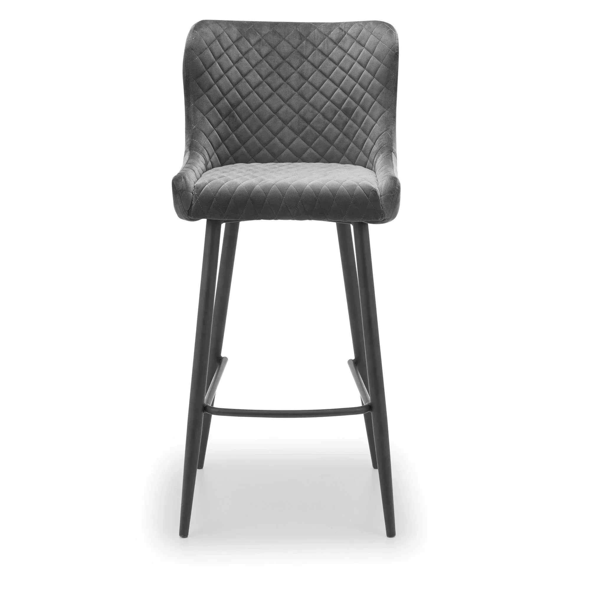 Luxe grey bar stool with quilted velvet seat and black legs, front view