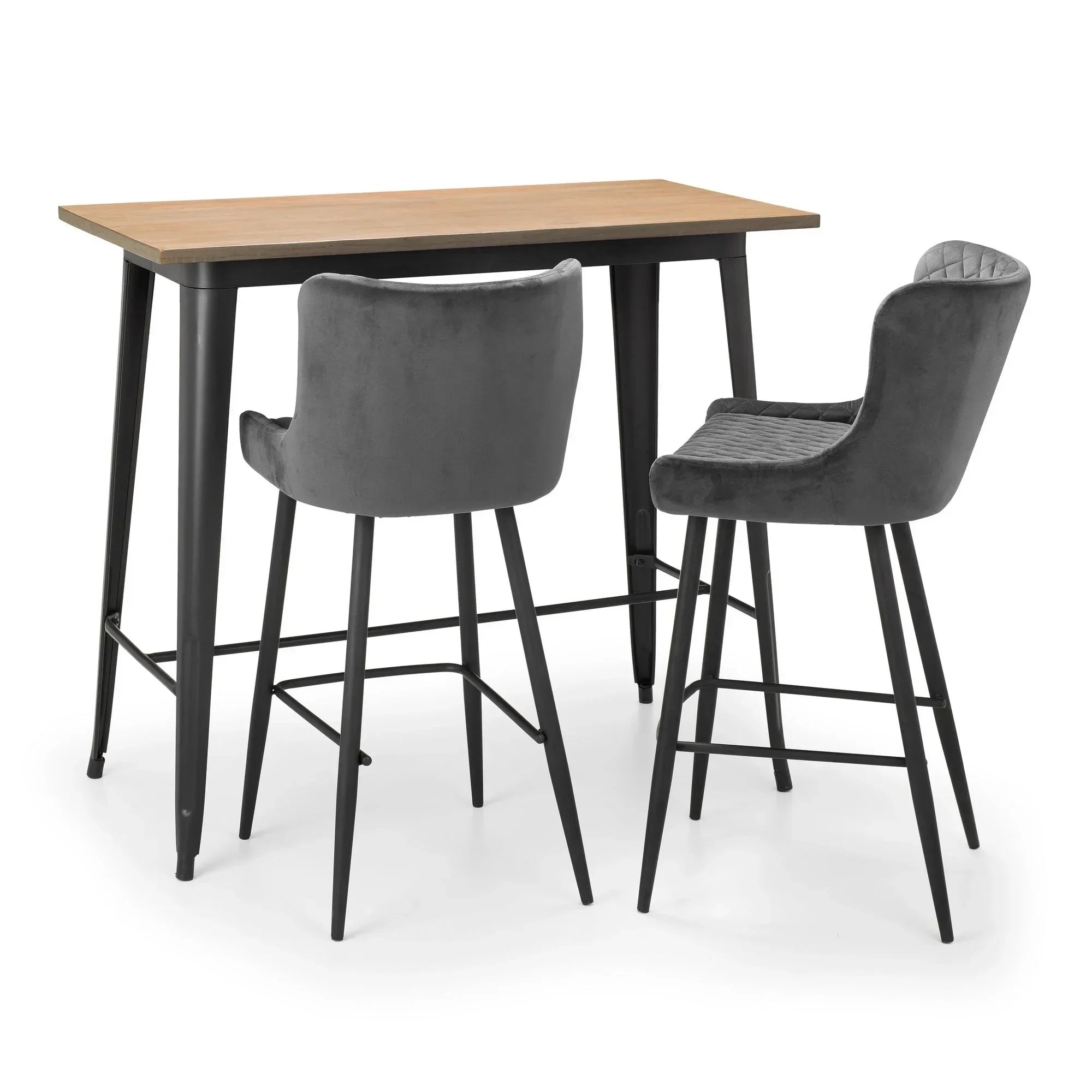 Pair of grey bar stools with metal legs at a rectangular wooden top bar table
