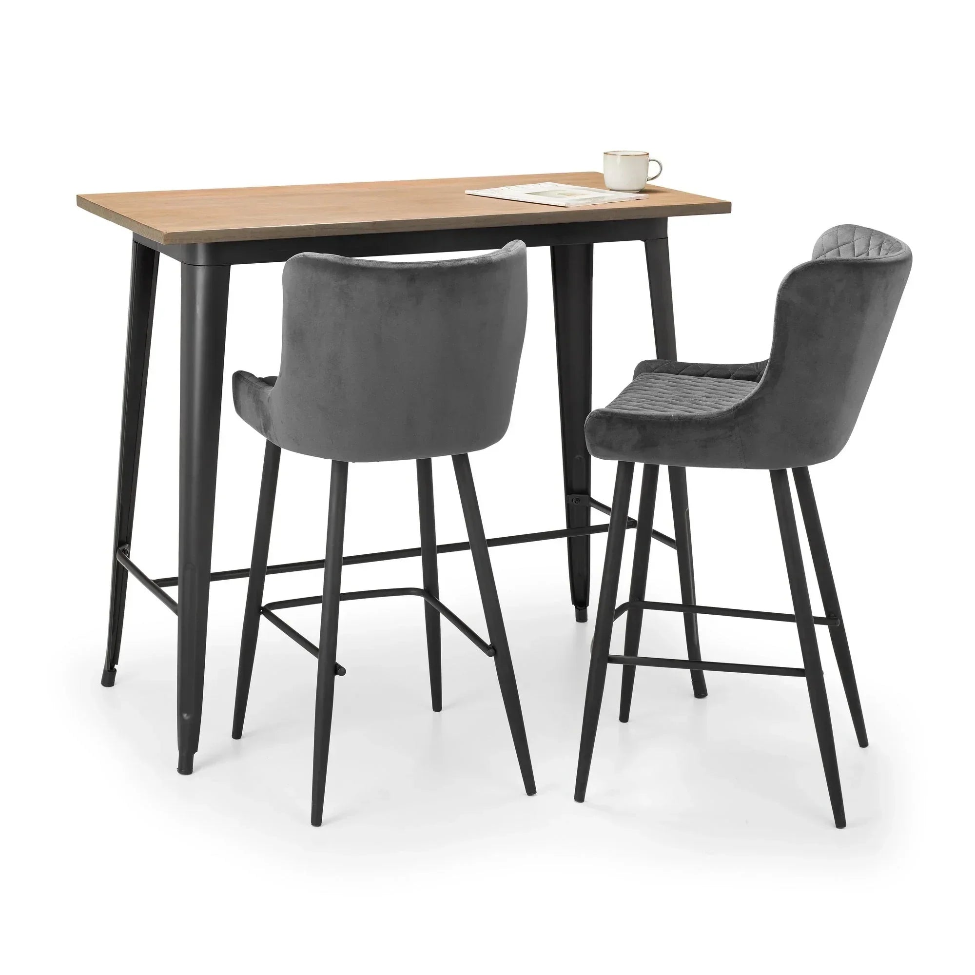 Grey velvet bar stools with black metal legs and rectangular bar table with wooden top