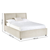 Beige fabric upholstered bed with dimensions 149x222 cm and 110 cm headboard height