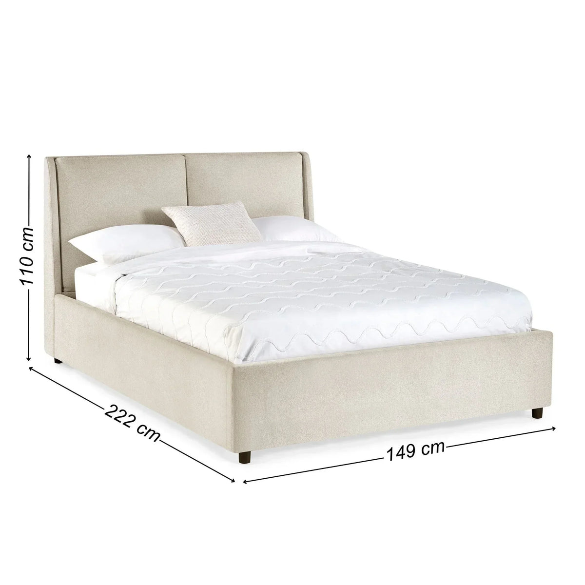 Beige upholstered bed frame with headboard and mattress, shown with length and width measurements
