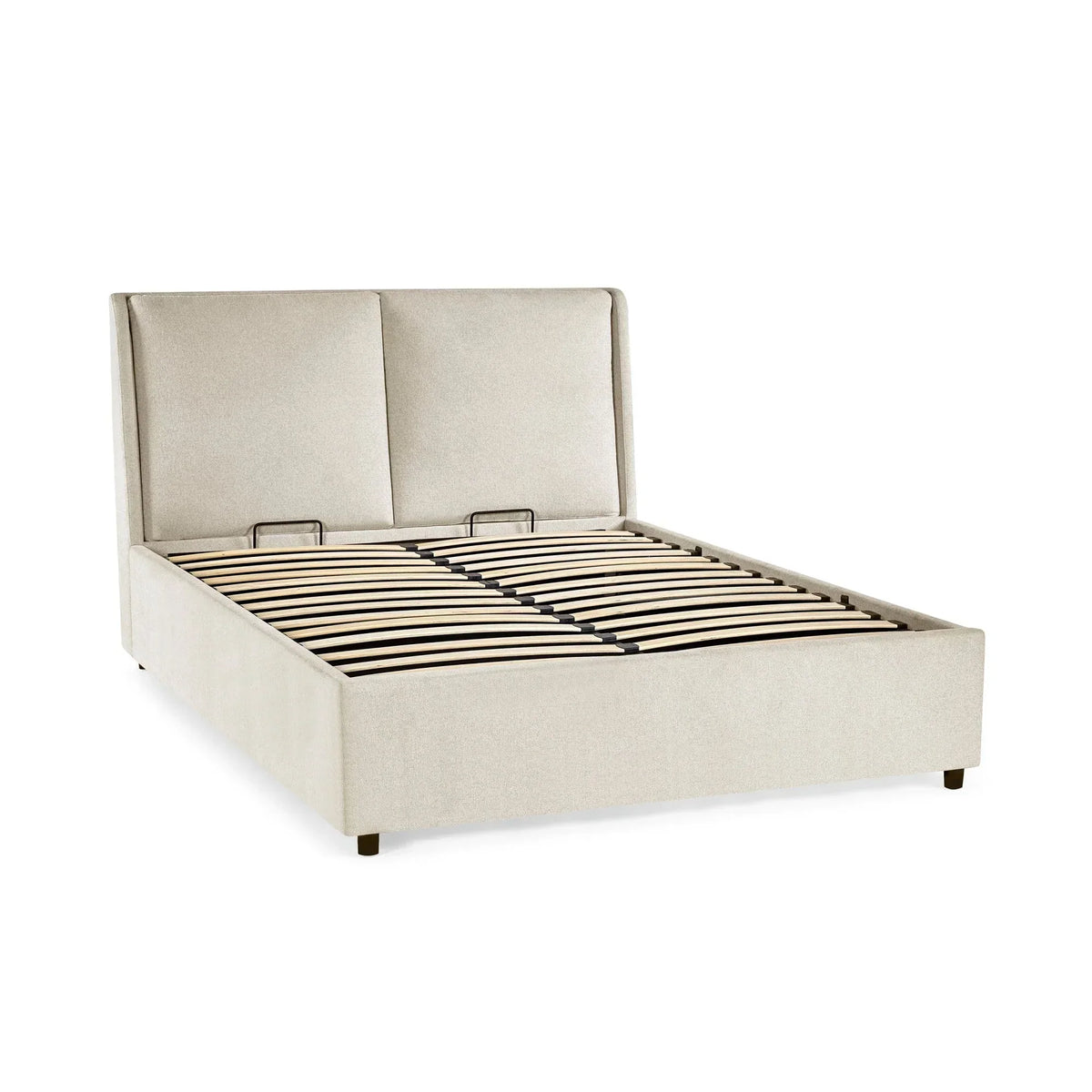 Beige upholstered bed frame with slatted wooden base and tall padded headboard