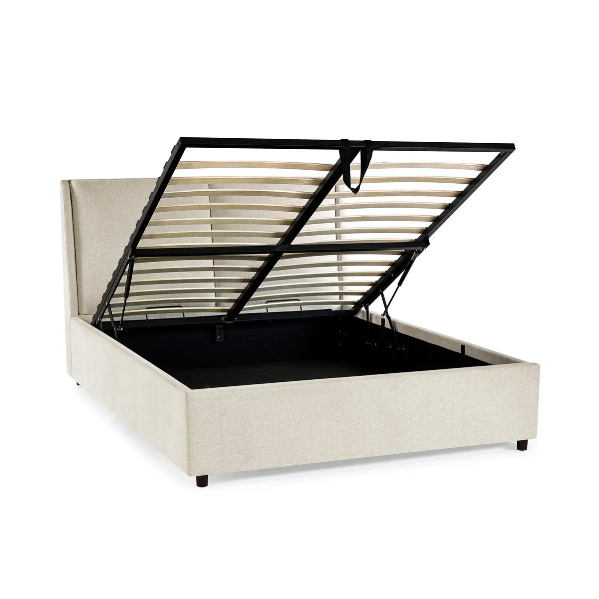 Beige ottoman storage bed frame with lifted slatted base and gas lift mechanism