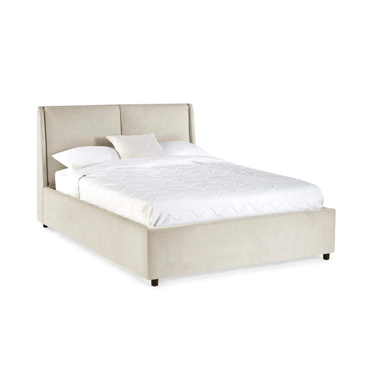 Beige upholstered bed frame with high headboard and white bedding, angled front view