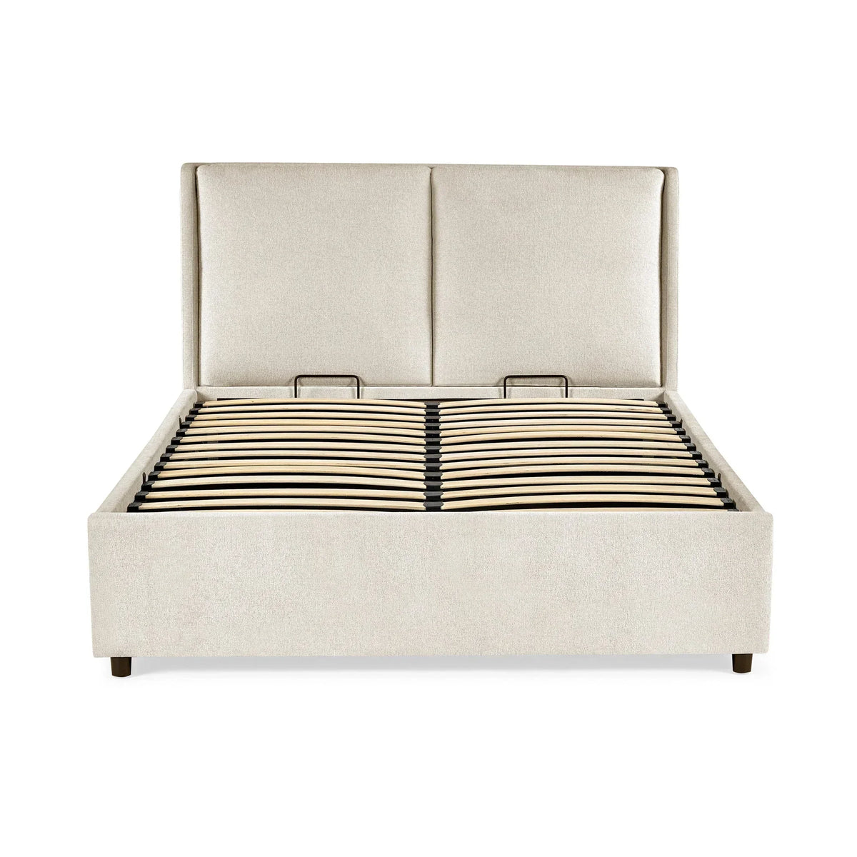 Beige upholstered bed frame with high headboard and wooden slat base, front view